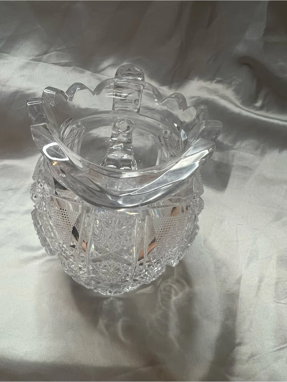 Antique ABP Cut Glass Crystal Pitcher - Hobstar & Fan Pattern - Small Chip